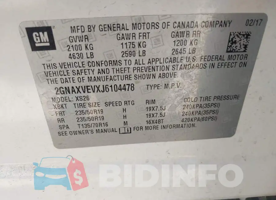 2GNAXVEVXJ6104478 Photo# 9