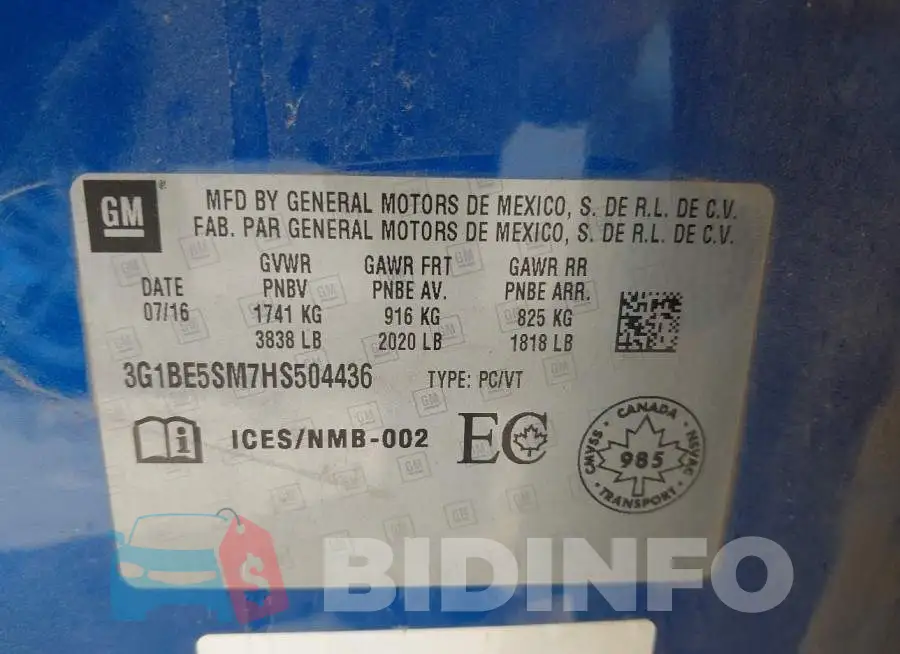 3G1BE5SM7HS504436 Photo# 9