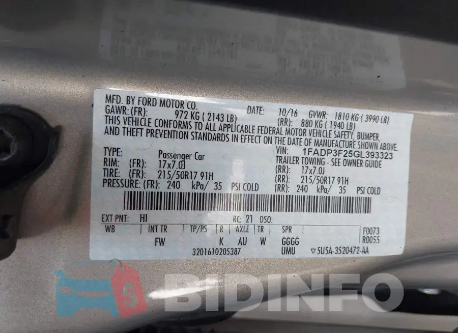 1FADP3F25GL393323 Photo# 9