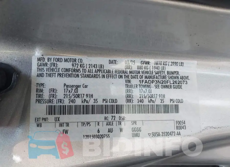 1FADP3N20FL262073 Photo# 9