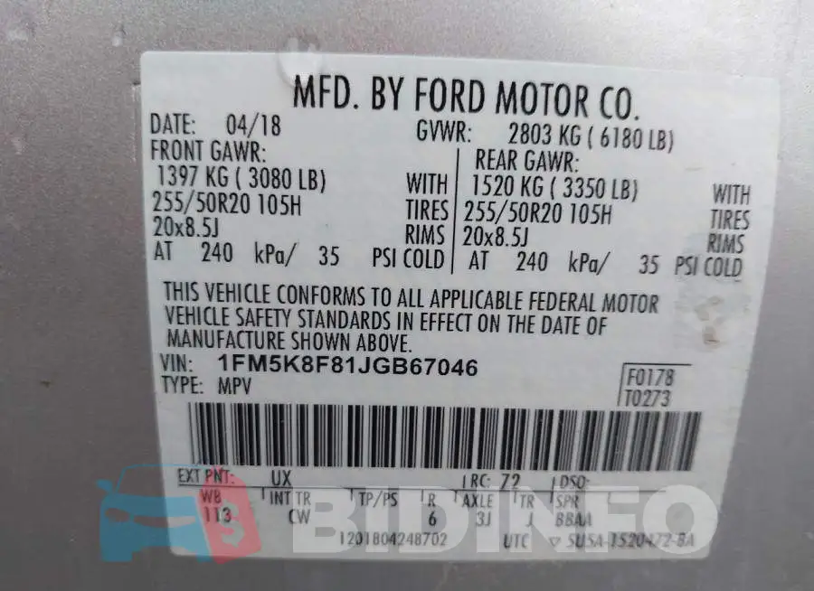 1FM5K8F81JGB67046 Photo# 9