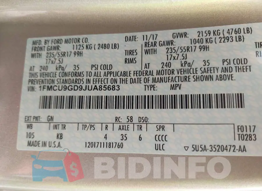 1FMCU9GD9JUA85683 Photo# 9
