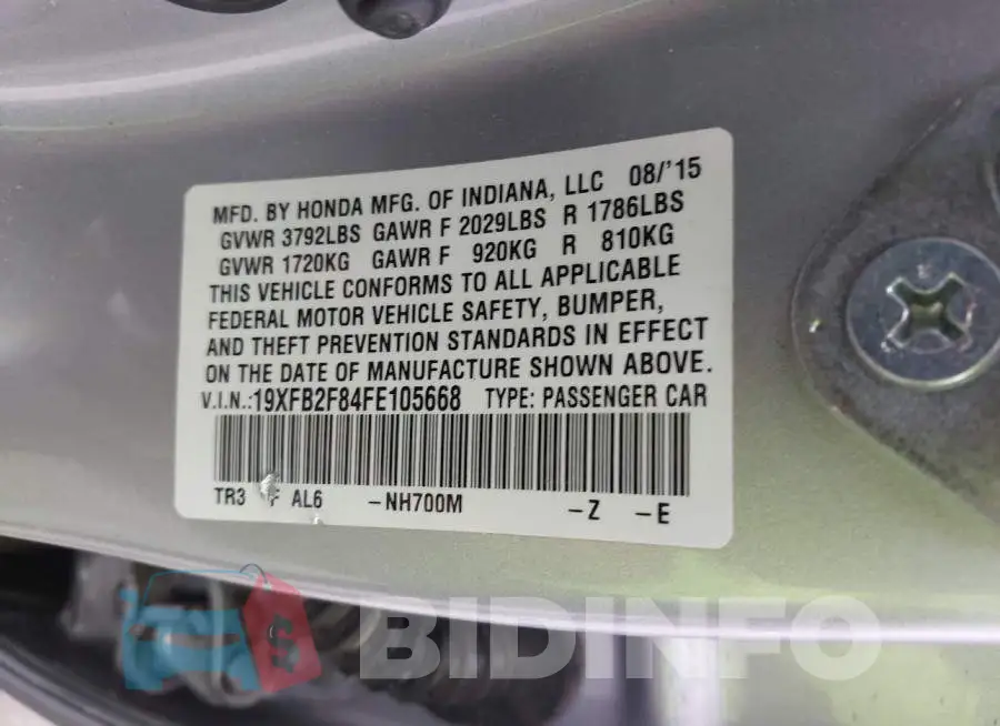 19XFB2F84FE105668 Photo# 9