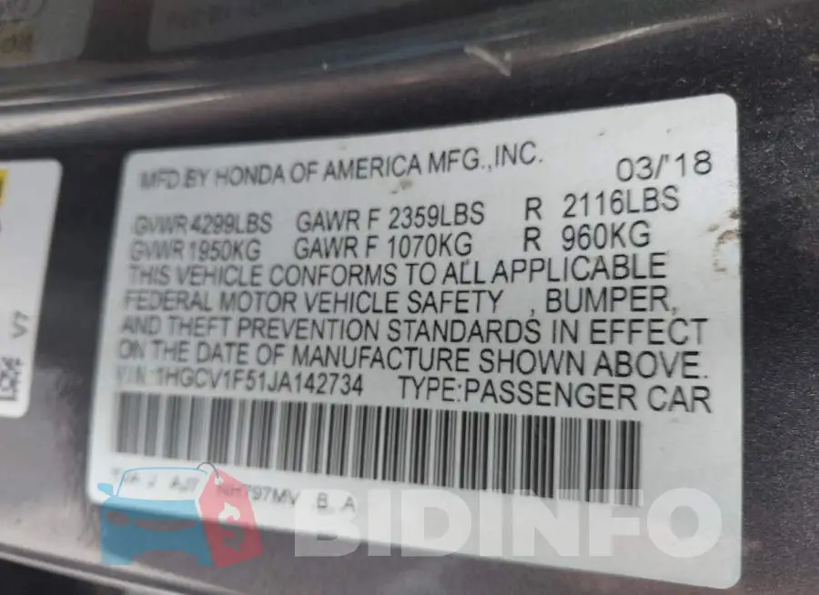 1HGCV1F51JA142734 Photo# 9