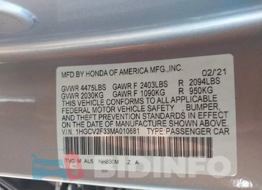 1HGCV2F33MA010681 Photo# 9