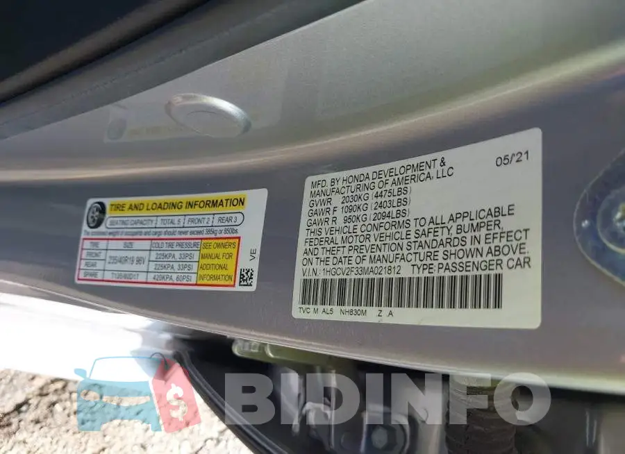 1HGCV2F33MA021812 Photo# 9