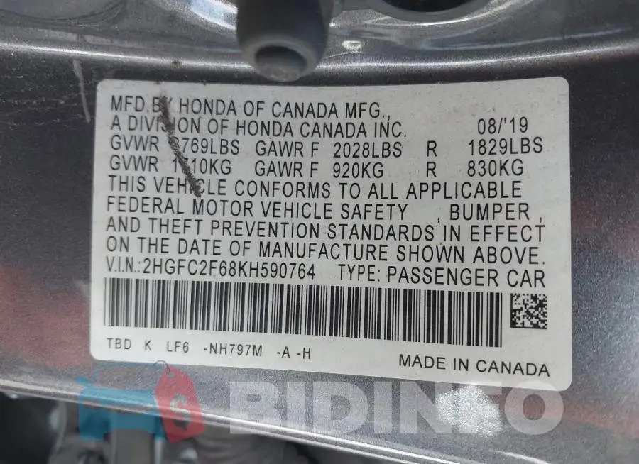 2HGFC2F68KH590764 Photo# 9