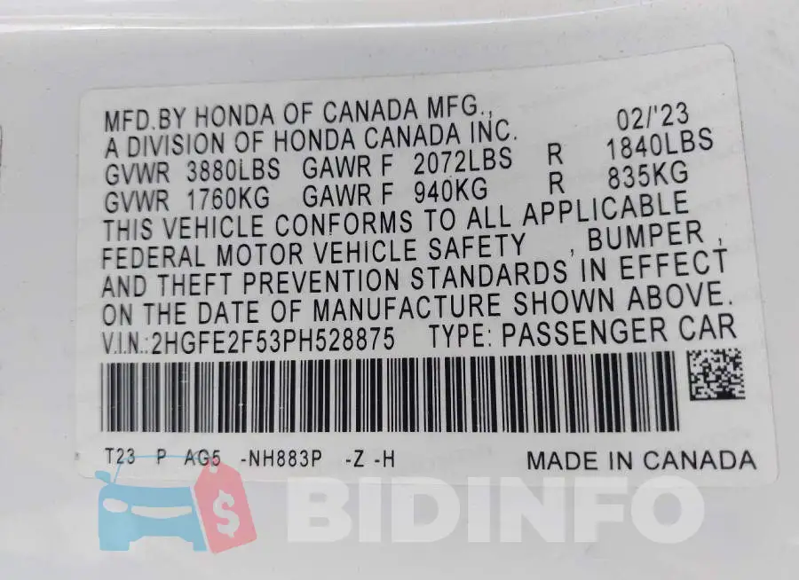 2HGFE2F53PH528875 Photo# 9