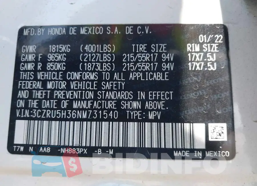 3CZRU5H36NM731540 Photo# 9
