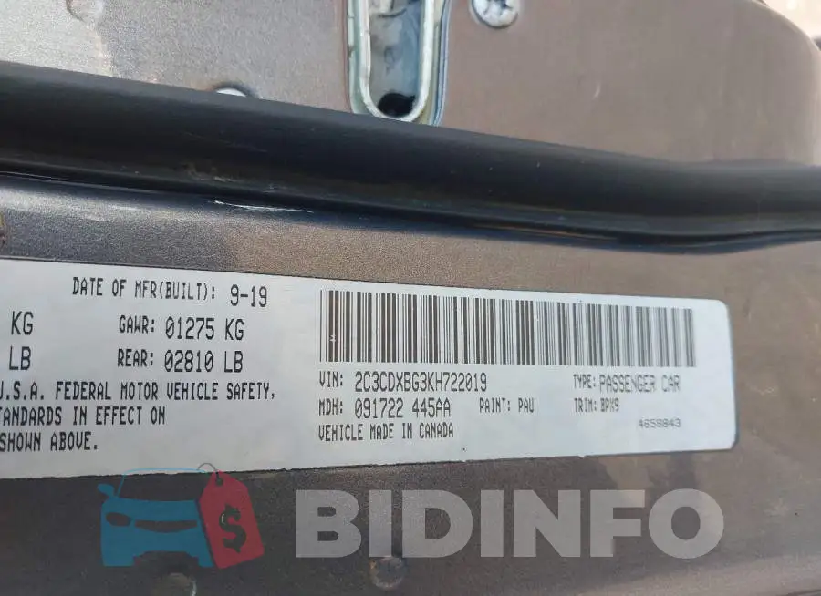 2C3CDXBG3KH722019 Photo# 9