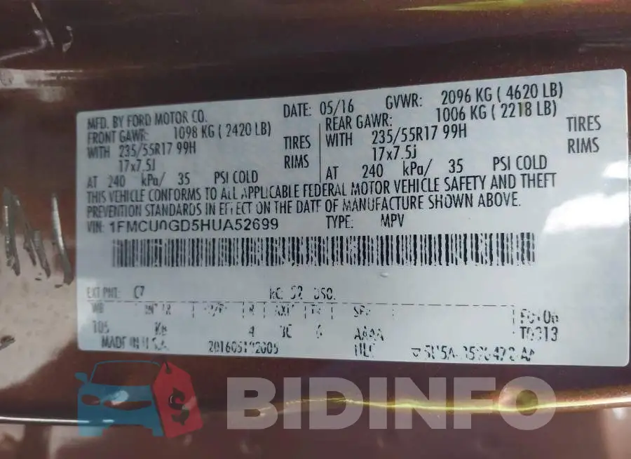 1FMCU0GD5HUA52699 Photo# 9