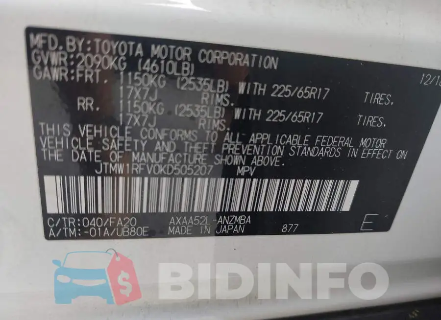 JTMW1RFV0KD505207 Photo# 9