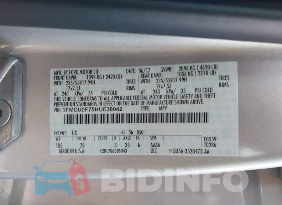 1FMCU0F75HUE36042 Photo# 9