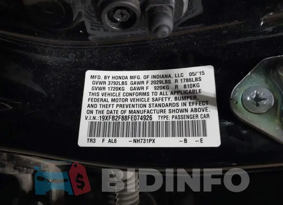 19XFB2F88FE074926 Photo# 9