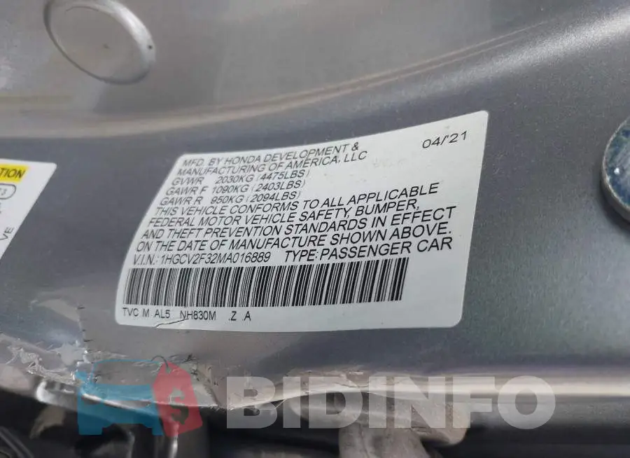 1HGCV2F32MA016889 Photo# 9