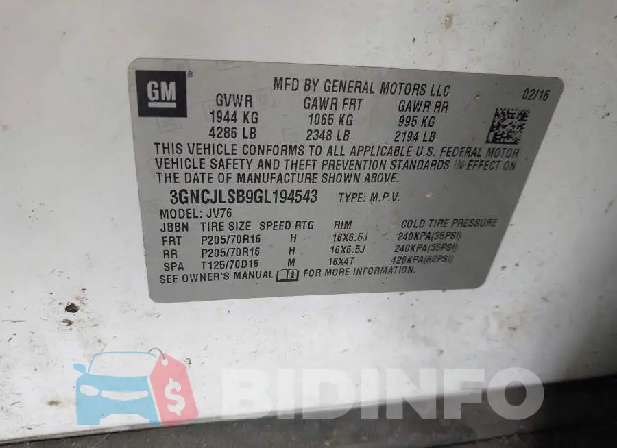 3GNCJLSB9GL194543 Photo# 9