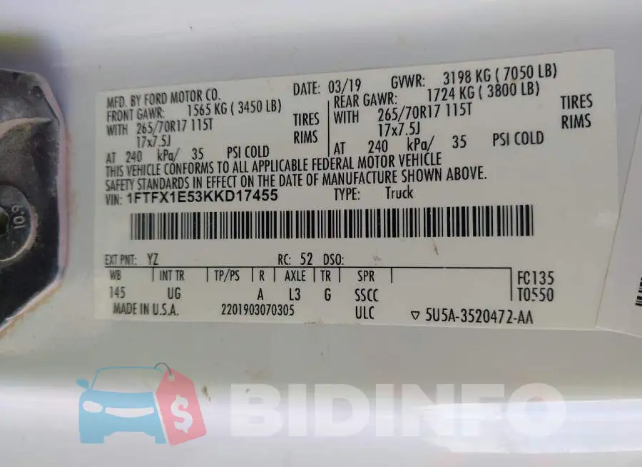 1FTFX1E53KKD17455 Photo# 9
