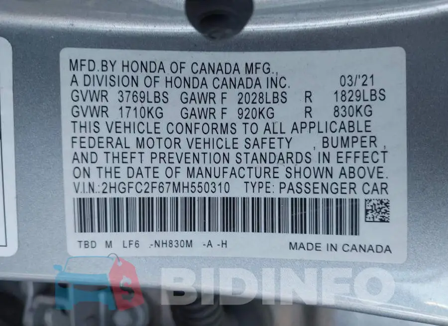 2HGFC2F67MH550310 Photo# 9