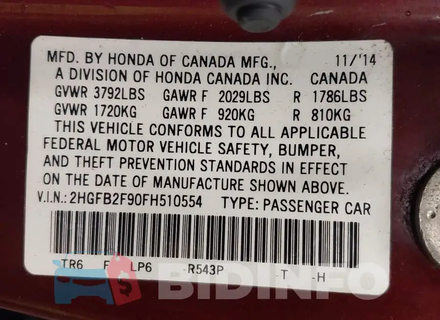 2HGFB2F90FH510554 Photo# 9