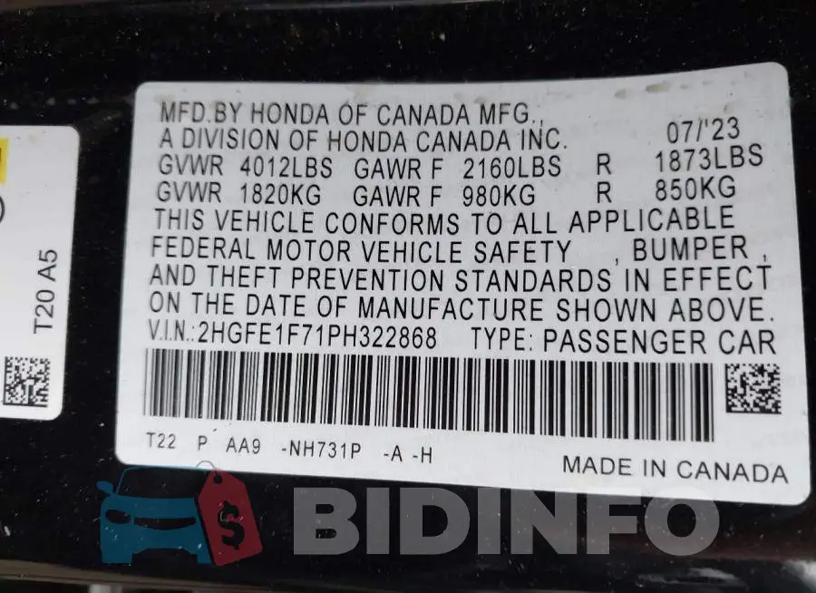 2HGFE1F71PH322868 Photo# 9
