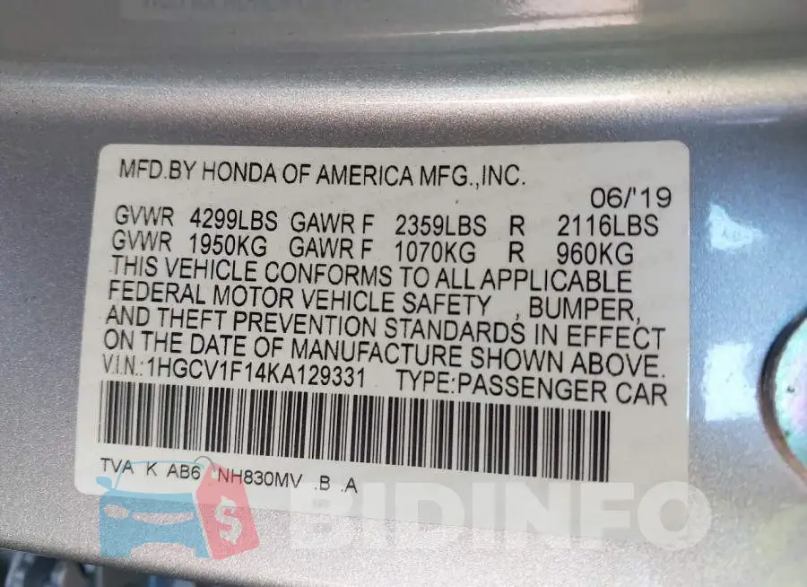 1HGCV1F14KA129331 Photo# 9