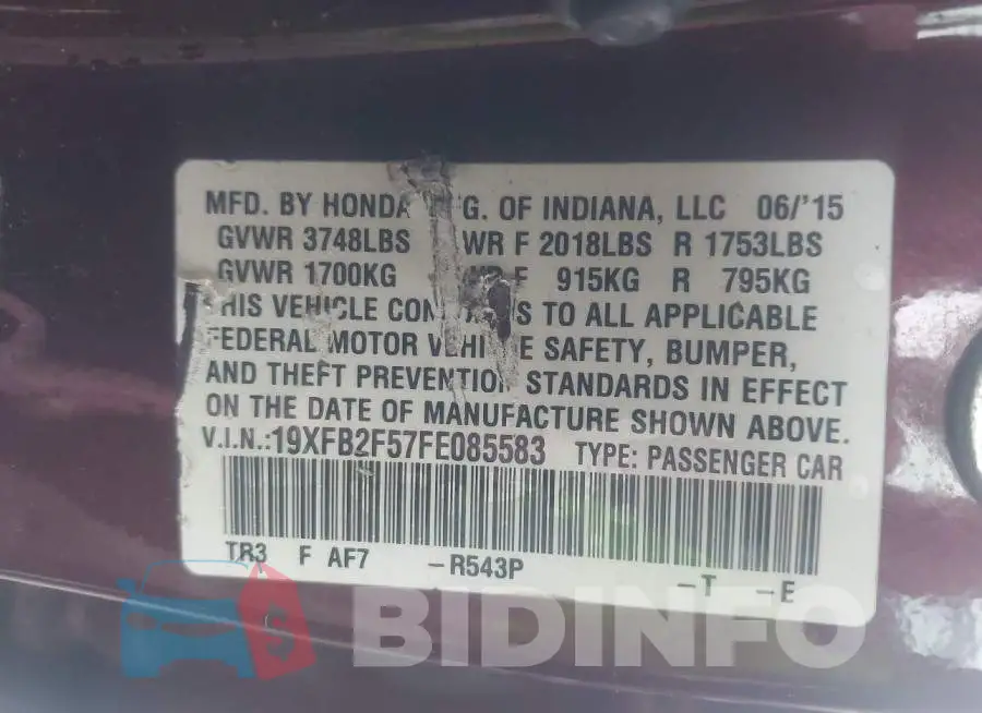 19XFB2F57FE085583 Photo# 9