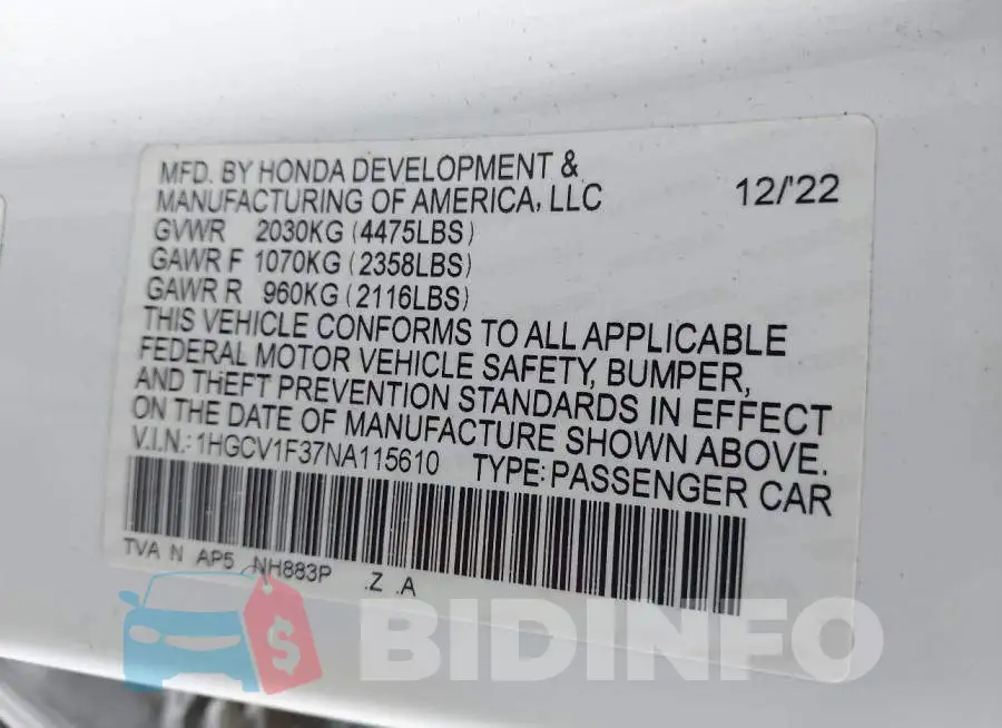 1HGCV1F37NA115610 Photo# 9
