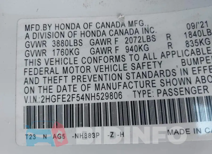 2HGFE2F54NH529806 Photo# 9