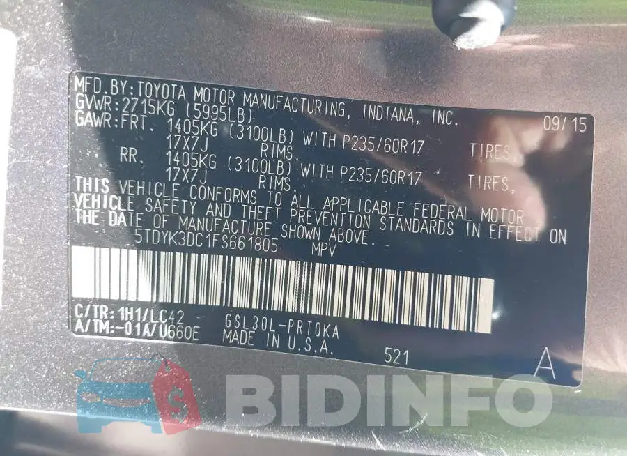 5TDYK3DC1FS661805 Photo# 9
