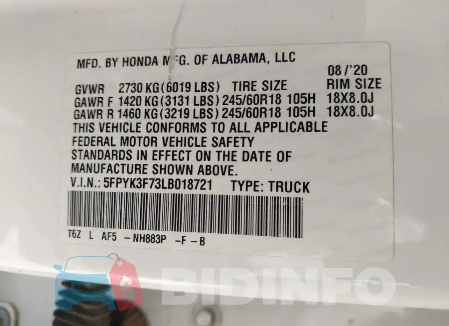 5FPYK3F73LB018721 Photo# 9