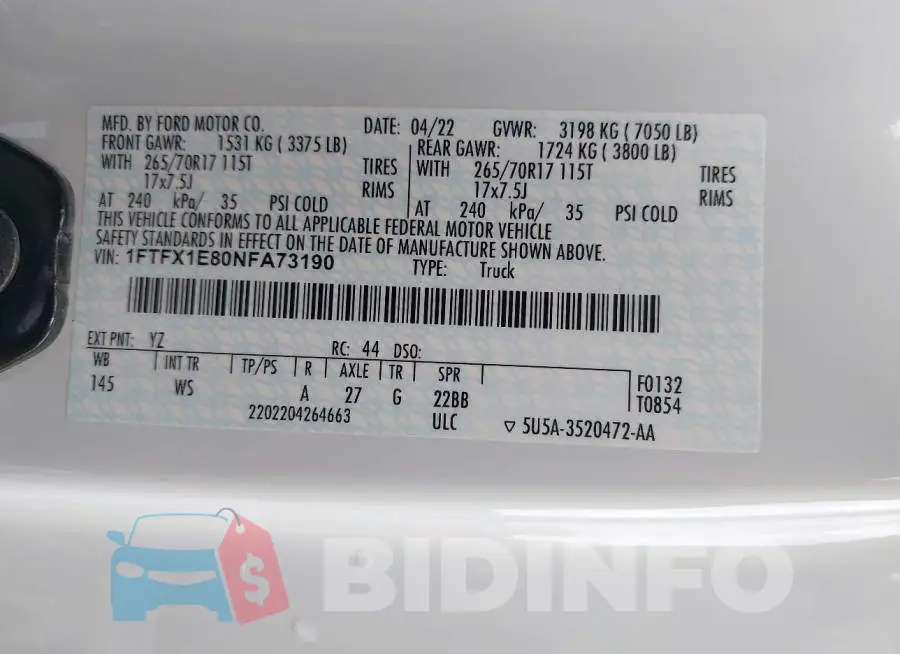 1FTFX1E80NFA73190 Photo# 9