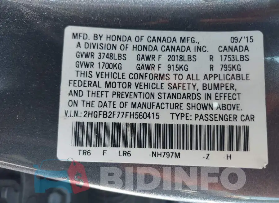 2HGFB2F77FH560415 Photo# 9