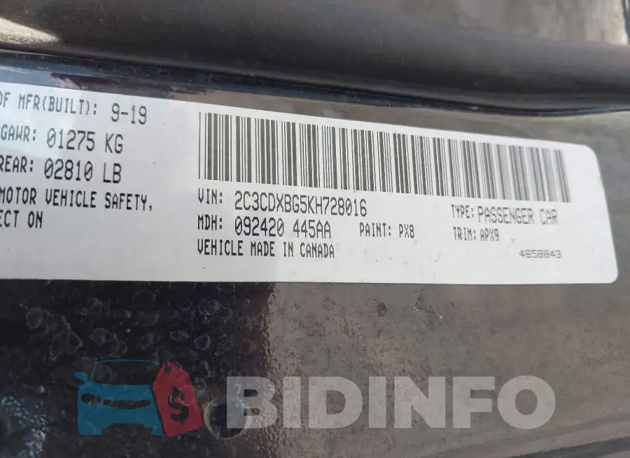 2C3CDXBG5KH728016 Photo# 9