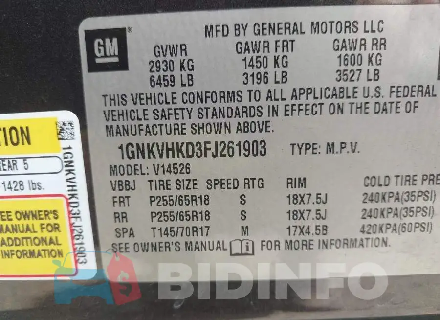 1GNKVHKD3FJ261903 Photo# 9