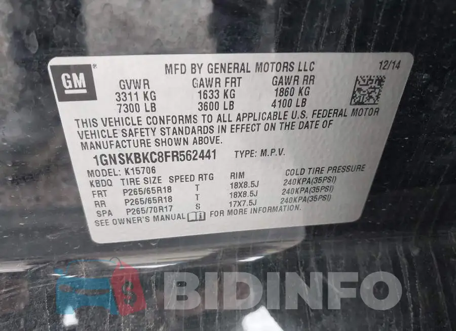 1GNSKBKC8FR562441 Photo# 9