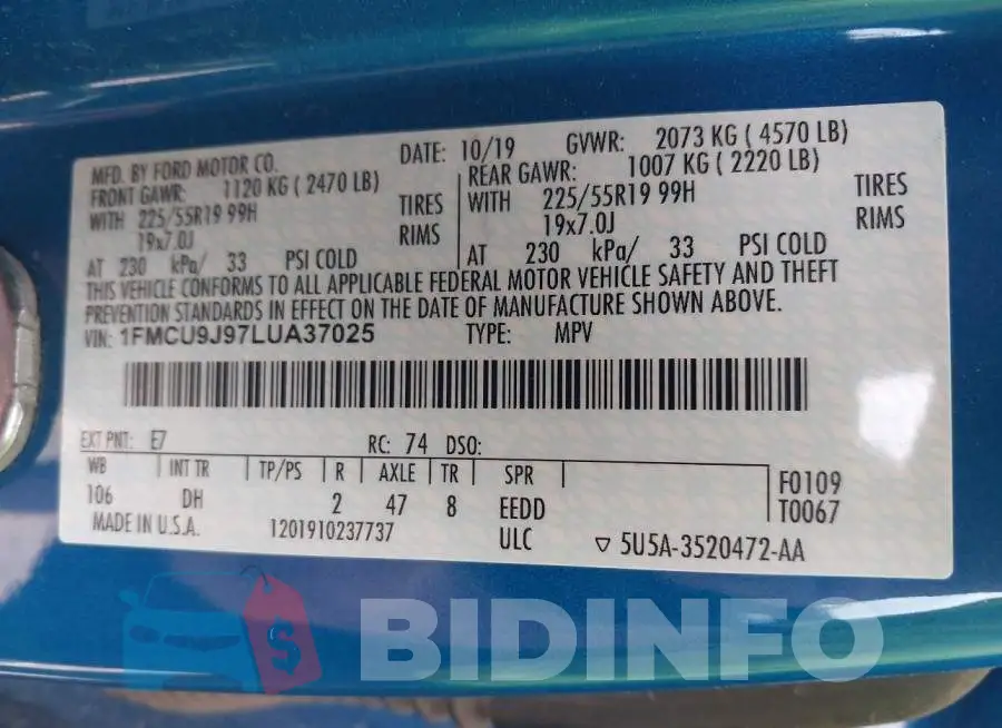 1FMCU9J97LUA37025 Photo# 9