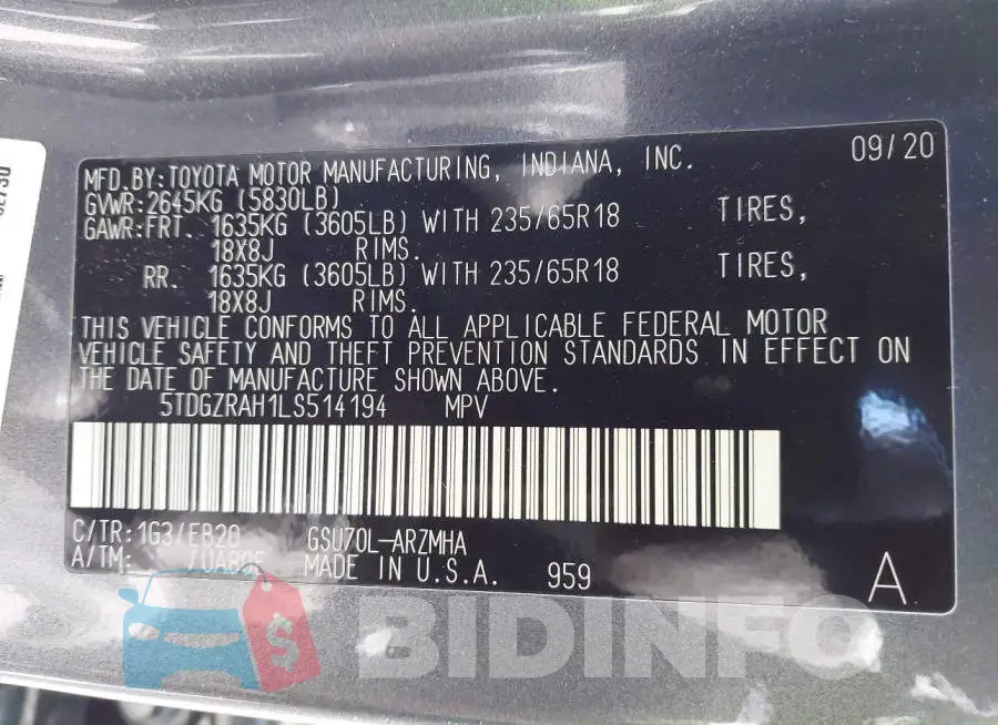 5TDGZRAH1LS514194 Photo# 9