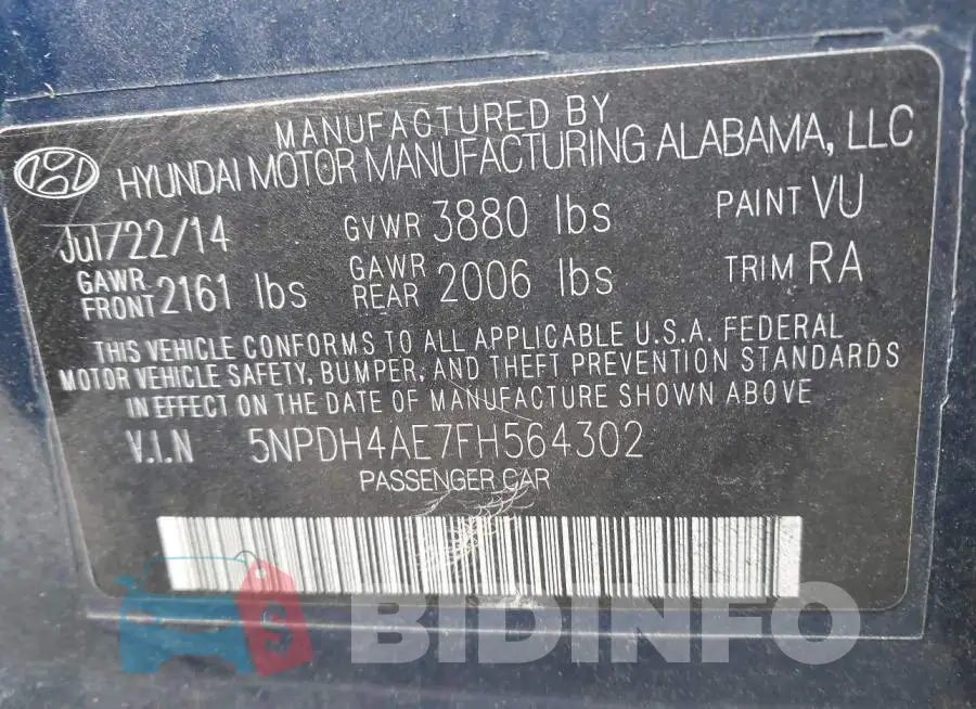 5NPDH4AE7FH564302 Photo# 9