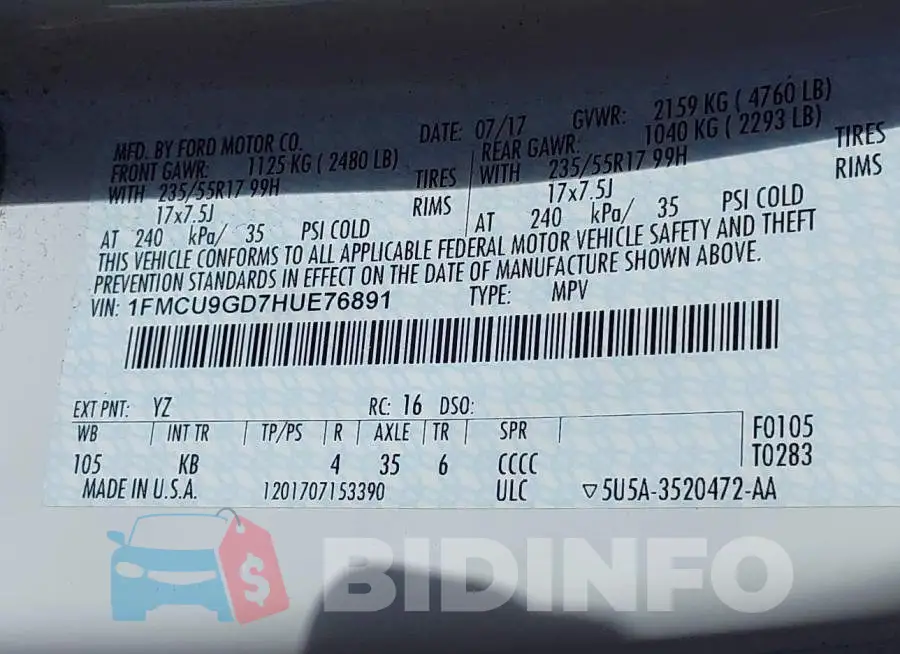 1FMCU9GD7HUE76891 Photo# 9