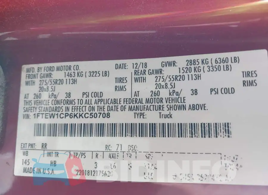 1FTEW1CP6KKC50708 Photo# 9