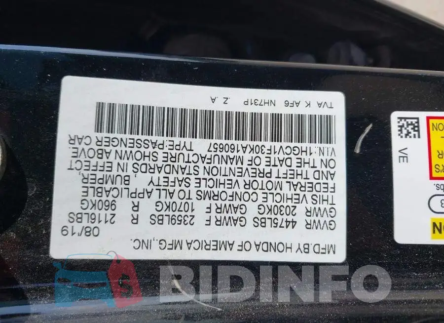 1HGCV1F30KA160657 Photo# 9