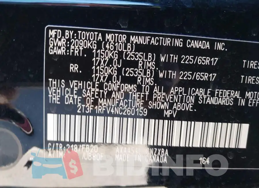 2T3F1RFV4NC260159 Photo# 9
