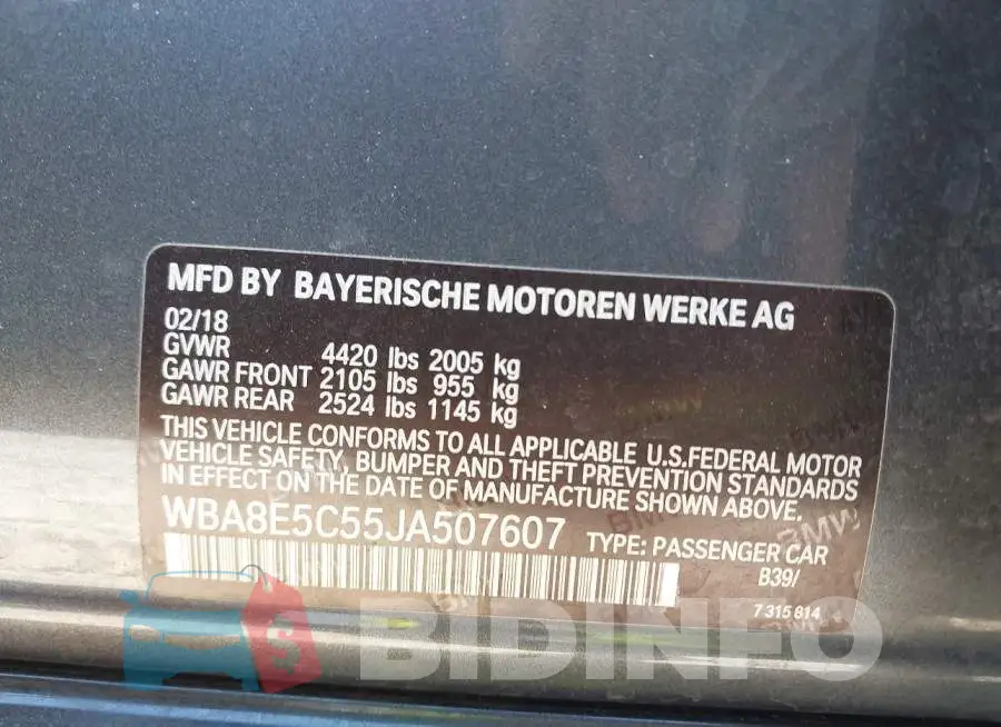 WBA8E5C55JA507607 Photo# 9