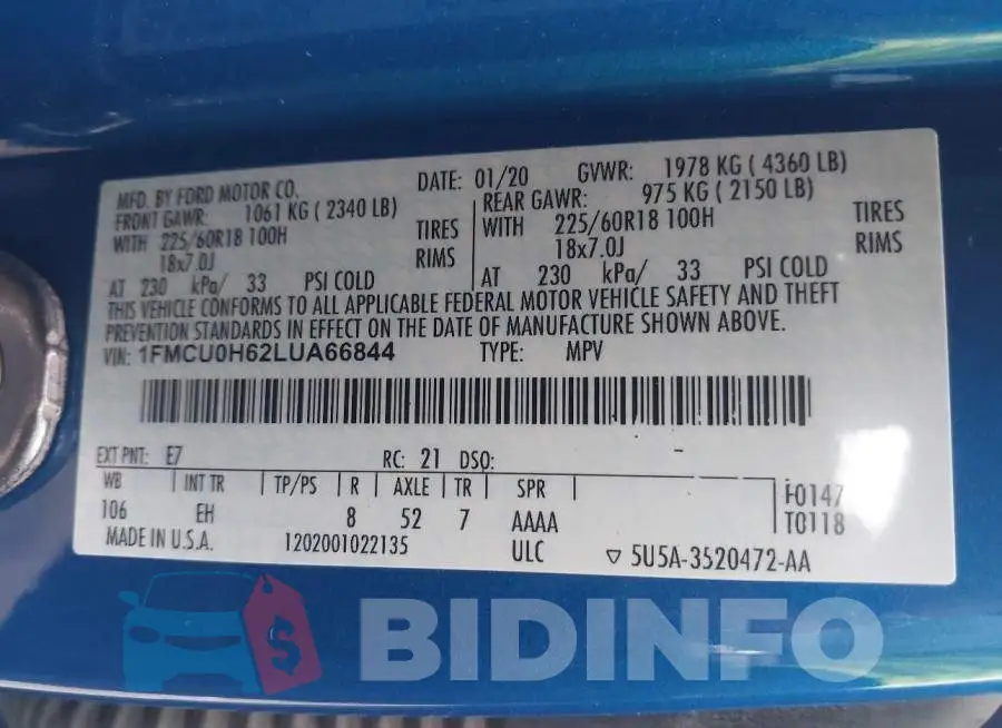 1FMCU0H62LUA66844 Photo# 9