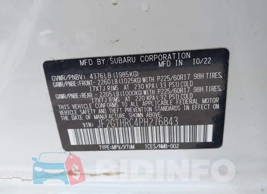 JF2GTHRC4PH276843 Photo# 9
