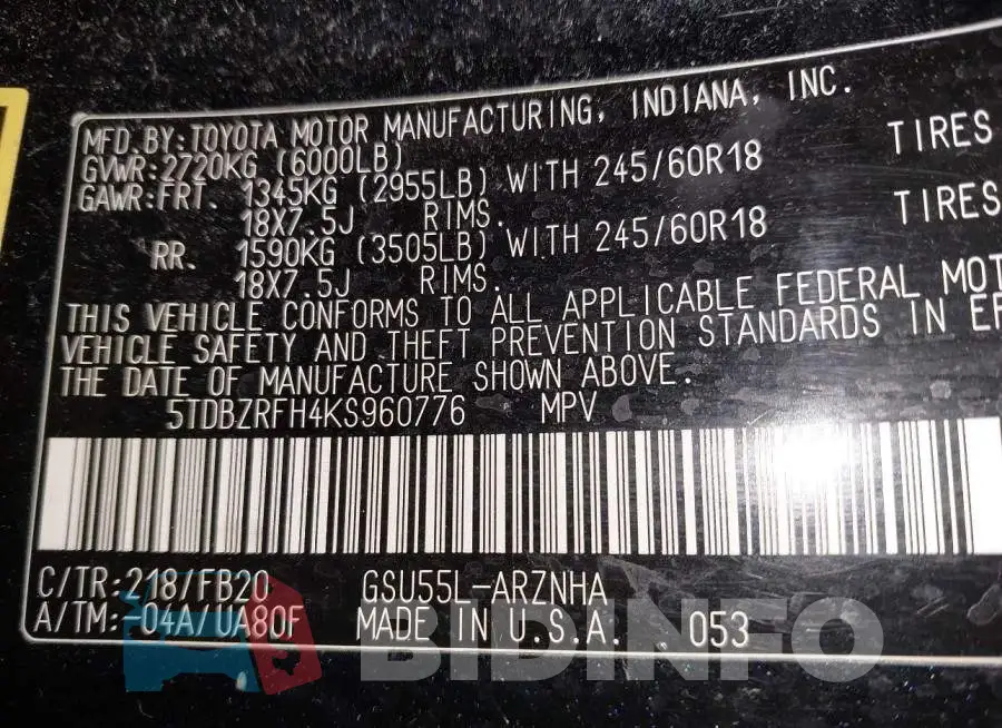 5TDBZRFH4KS960776 Photo# 9