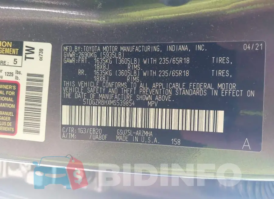 5TDGZRBHXMS539854 Photo# 9