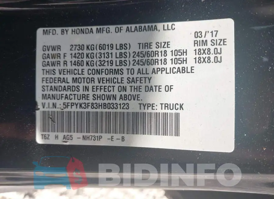 5FPYK3F83HB033123 Photo# 9