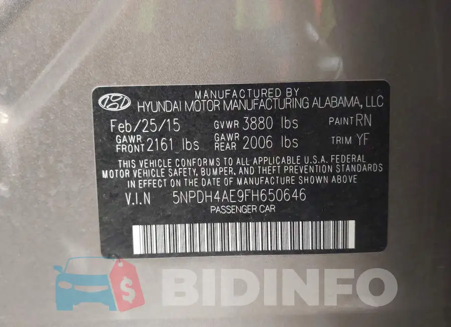 5NPDH4AE9FH650646 Photo# 9