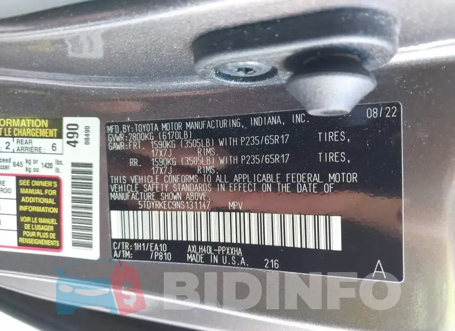5TDYRKEC9NS131147 Photo# 9